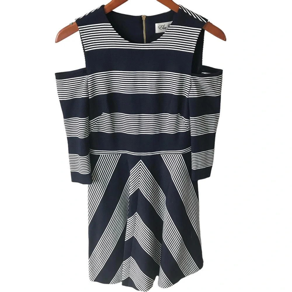 Eliza J Women's Navy Blue & White Striped Cold Shoulder A-Line Dress Size 4P - Picture 2 of 8